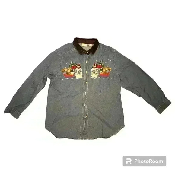 Vintage Christmas Embroidered Denim Shirt Snowman Size XL Ugly Christmas Sweater - Picture 1 of 9
